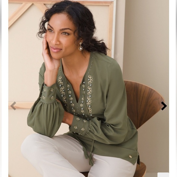 CHICO'S Embellished Peasant Blouse Fern Green Chico’s sz 2 US Women’s 12/14 - Picture 15 of 15